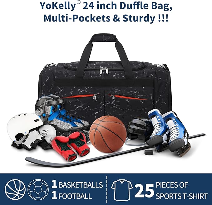 24 inch Large Gym Bag for Men - 65L Hard Bottom Duffle Bag with Shoes Compartment for Sport/Travel - Marble Black