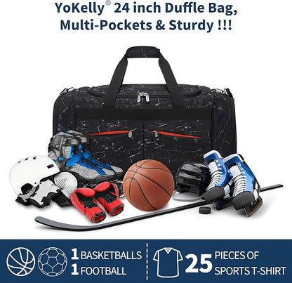 24 inch Large Gym Bag for Men - 65L Hard Bottom Duffle Bag with Shoes Compartment for Sport/Travel - Marble Black