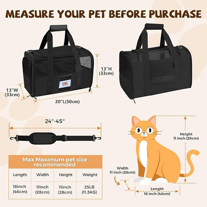 Cat Carrier Soft for Pets Up to 25 Lbs, Cat Travel Bag with Padded Shoulder Strap and Detachable Cat Food Bowl, Pet Dog Carriers for Small Dogs Travel Puppy Carry Airline Approved, Black