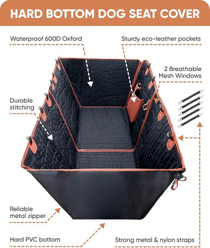 Owleys Hard Bottom Pet Seat Cover for Back Seat – Heavy Duty Waterproof Dog Hammock Bed –Travel Protector for SUVs, Sedans & Trucks – Foldable Design - 2 Pockets – Mesh Ventilation Windows