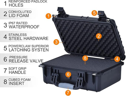 MEIJIA Portable All Weather Waterproof Camera Case With Foam,Fit Use of Drones,Camera,Equipments,Pistols,15.98x12.99x6.85inches
