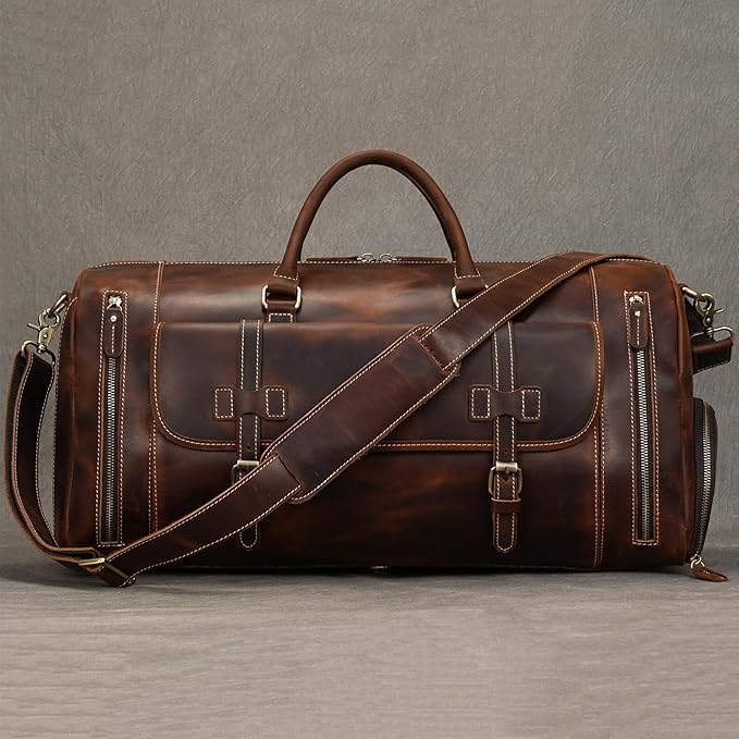 Full-grain Genuine Leather Travel Bag Large Capacity Duffel Luggage Bag with Shoe Compartment, Men Women Shoulder Bag for Weekend Holiday Business Trip, 58cm