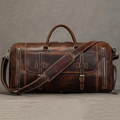 Full-grain Genuine Leather Travel Bag Large Capacity Duffel Luggage Bag with Shoe Compartment, Men Women Shoulder Bag for Weekend Holiday Business Trip, 58cm