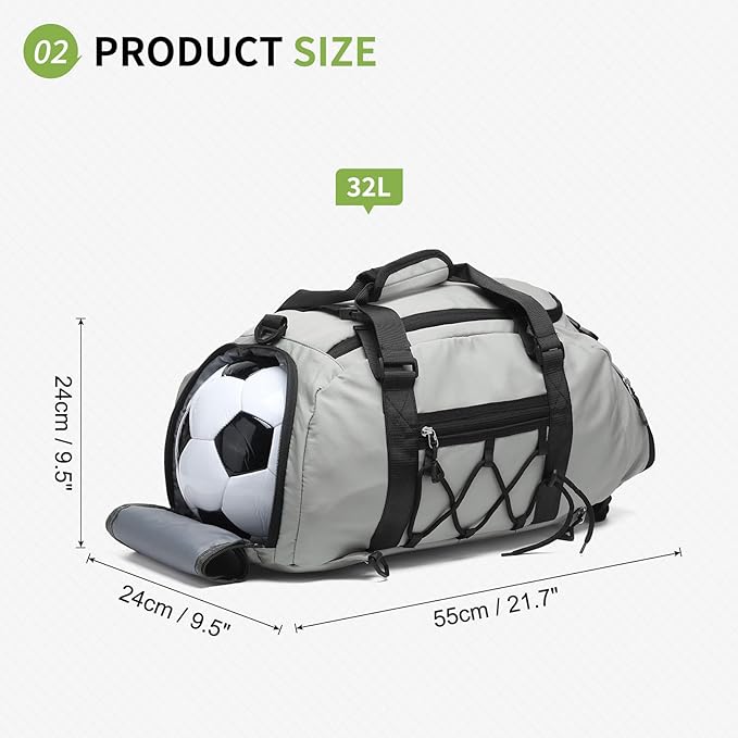 Unisex Travel Duffle Bag for Men Women, Waterproof Gym Bag with Shoe Compartment & Football Compartment, 32L Carry on Bag for Sports & Fitness, Light Gray