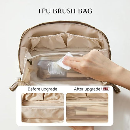 EACHY Travel Makeup Bag, Faux Suede Cosmetic Bags for Women,Large Capacity Portable Pouch Open Flat Toiletry Bag Make up Organizer with Divider and Handle