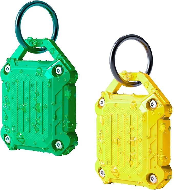 DOVICK- Waterproof Airtag Keychain Holder Case,Screw Full Cover Compatible with Apple Air Tag Tracker Key Ring 2 Pack Green&Yellow