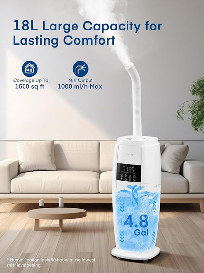 FOHERE Humidifier Large Room 4.8Gal/18L, Quiet Whole House Humidifier for Home Plants Office Commercial 1500 sq.ft, Top Fill Ultrasonic Cool Mist Humidifiers with 4 Mist Mode, 5 Speeds, Remote, White