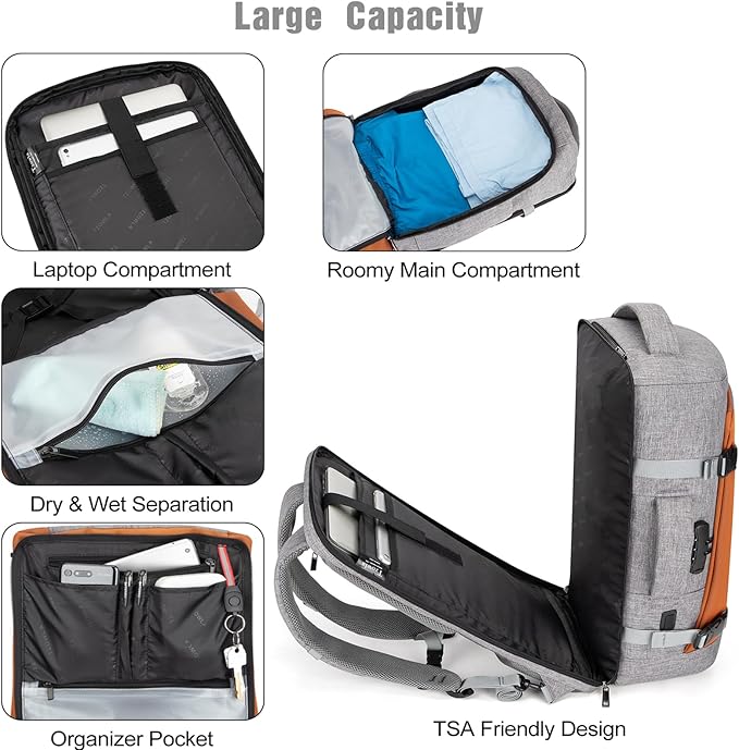 Tzowla 40L Expandable Travel Laptop Backpack for Men Women Carry on Flight Approved,Large Capacity Anti Theft Backpacks with USB/Type C Charging Port,Personal Item Bag Fit 17.3" Computer（Grey