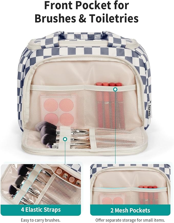 Narwey Large Travel Toiletry Bag, Wide-open Travel Bag for Toiletries, Toiletry Bags for Traveling Women,Cosmetic Make Up Makeup Bag Organizer with Wet Pocket, Skincare Bag (Greyish Blue Checkerboard)