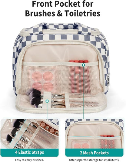 Narwey Large Travel Toiletry Bag, Wide-open Travel Bag for Toiletries, Toiletry Bags for Traveling Women,Cosmetic Make Up Makeup Bag Organizer with Wet Pocket, Skincare Bag (Greyish Blue Checkerboard)