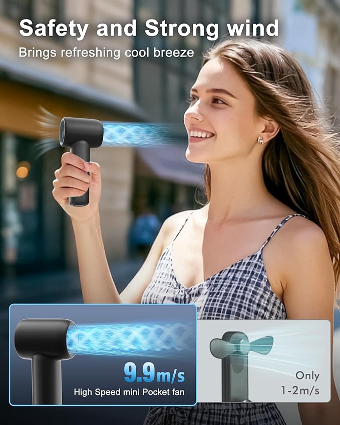 WHATOOK Mini Pocket Fan Portable Handheld Fans,3000mah Small Rechargeable Turbo Personal Fan Travel Essential Outdoor Activities Beach Vacations Camping Gifts for Women face makeup skincare (Black)