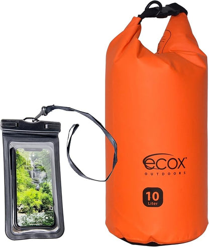 ecox Outdoors Waterproof Dry Bag for Outdoors Activities High Grade 500D PVC Construction Includes Waterproof Phone Case and Side Strap for Easy Carry 10L and 20L Models