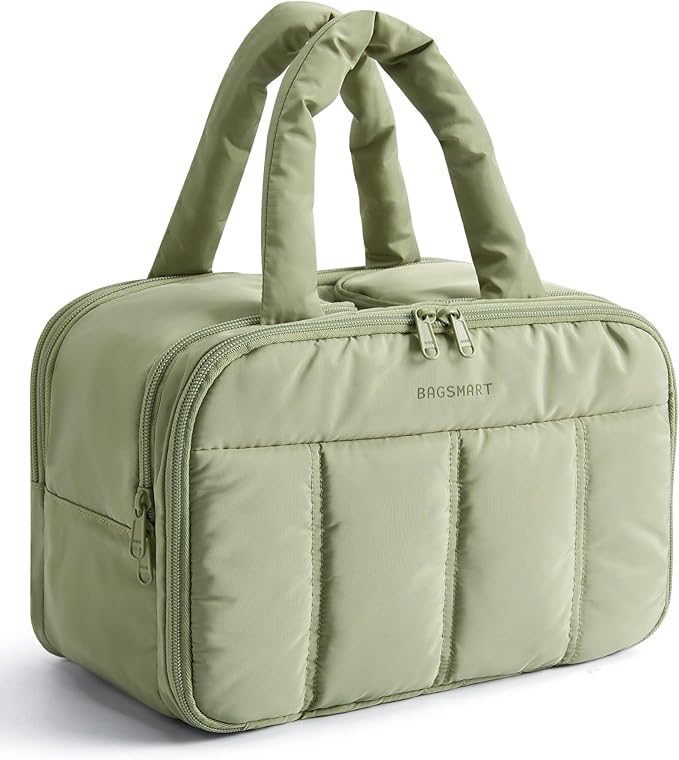 BAGSMART Travel Toiletry Bag, Puffy Large Toiletry Bag for Women, Lightweight Cosmetic Makeup Bag Organizer with Handle for Traveling, Accessories, Essentials, Toiletries (Green)