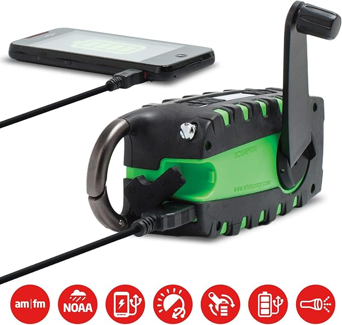 Eton - Scorpion II Rugged Multipowered Portable Emergency Weather Radio & Flashlight Green, Hand Crank, LED Flashlight, Smartphone Charger, Solar Power, 800 MAH Battery, Commitment to Preparedness