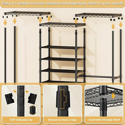 E16 Heavy Duty Clothing Rack（with 7-Tier Adjustable Shoe Rack） Freestanding Clothes Rack for Hanging Clothes，Metal Closet Storage Organizer Large Wardrobe，69'' W x 15.8'' D x 76.2'' H，Black