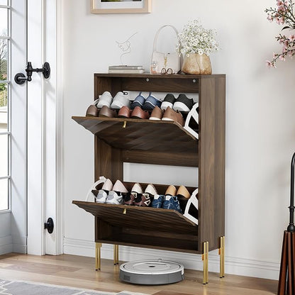 Spaco Walnut Shoe Cabinet for Entryway,Narrow Shoe Storage Cabinet with 2 Flip Drawers,Slim Shoe Rack Organizer for Hallway