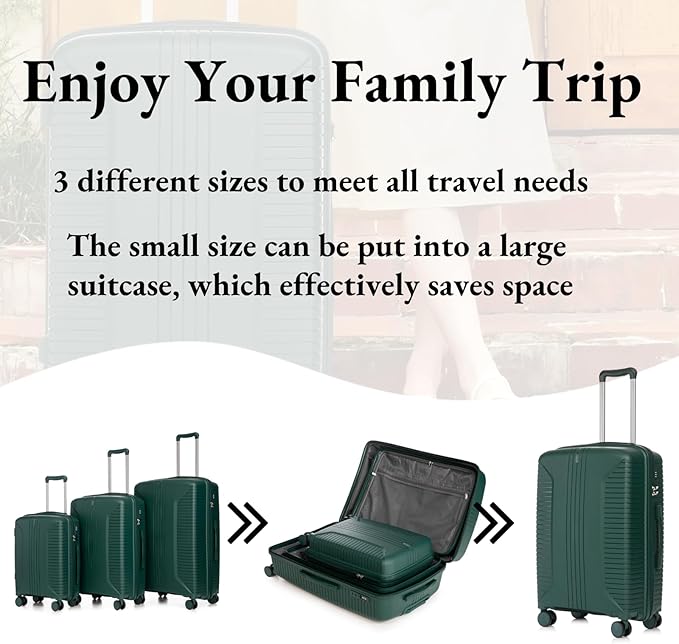 3-Piece PP Hard Shell Spinner Luggage Set (20" 24" 28") with Combination Lock, Adjustable Pull Rod Suitcases, Eemerald