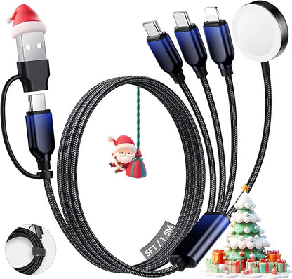 Travel Essentials for Apple Watch Charger, Dual USB C Multi Charger Cable for iWatch/for iPhone 17-12,4 in 2 USB A/C,2*Type-C,Lightning,iWatch Charging Cord,Vacation RV Camping Essentials-5FT Black