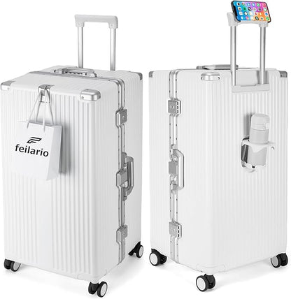 feilario 30in Super Large Captain Aluminum Frame Hardside Spinner Wheels Luggage, Removable Wheels Zipperless Checked Suitcase with Cup Holder/Phone Holder
