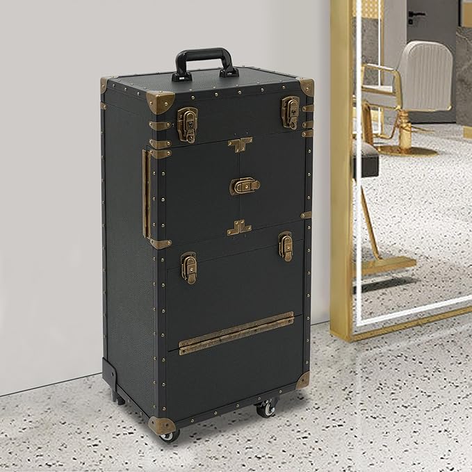 Beauty Rolling Makeup Train Case, Professional Lockable Rolling Salon Luggage, Retro-Rolling Cart Storage Organizer Trolley Make Up Case, 4 Universal Wheels, Retractable Rod, Buckle (Black)