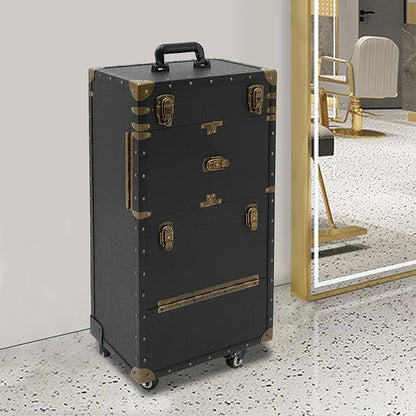 Beauty Rolling Makeup Train Case, Professional Lockable Rolling Salon Luggage, Retro-Rolling Cart Storage Organizer Trolley Make Up Case, 4 Universal Wheels, Retractable Rod, Buckle (Black)