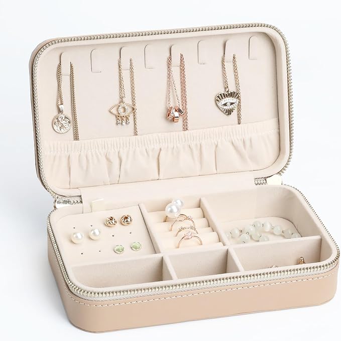 Leather Jewelry Box Elegant Small Jewelry Case for Women Gift Box for Necklace, Ring, Earring Storage Portable Design for Travel & Home Use Apricot