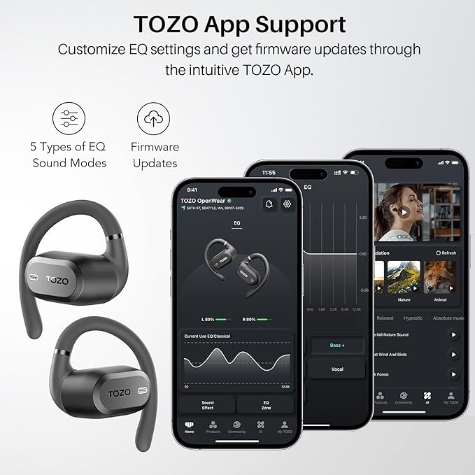 TOZO OpenWear Open Ear Headphones, Adjustable Ear Hooks, Ultra Comfort, Punchy Bass Bluetooth Headphones 5.4 with Smart Digital Display, Immersive Audio Earbuds, Stereo Bass, Fast Charging