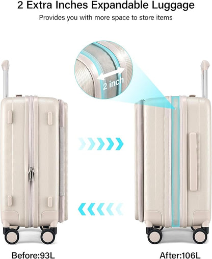 Hanke 26 Inch Expandable Luggage Top Opening Checked Bag Luggage Hard Shell Suitcases with Wheels Lightweight Travel Luggage Heavy Duty Luggage Suitcase with Lock for Woman Men-Ivory White