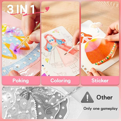 MIROLA KIDS 3 in 1 Poke Craft Kits for Girls, Princess Dress Art Crafts for Kids Ages 4-8, DIY Activity with Watercolor Painting, Stickers, Poking Gifts for 4 5 6 7 8+ Year Old Girls