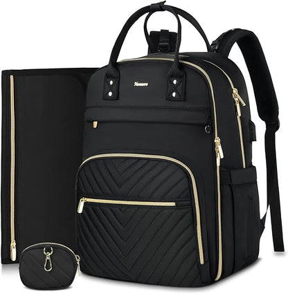 MOMUVO Diaper Bag Backpack, Quilted Baby Bag with Changing Pad and Stroller Straps, Dark Black