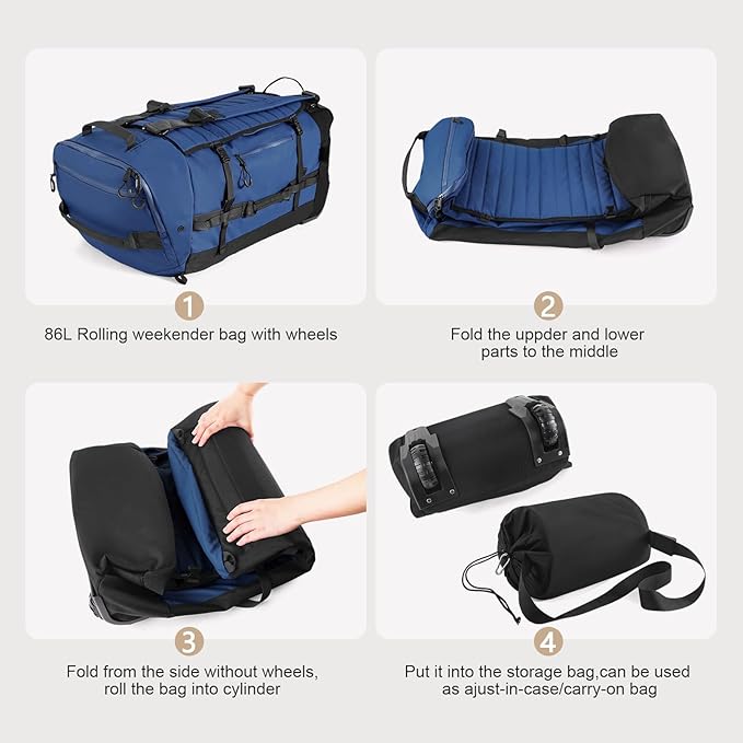 CONTAIL 86L Wheeled Duffel Bag, Soft Shell with Adjustable Web Handles, Carry On Size 29.5x14.2x12.6in, Foldable with Dual Wheels & Shoe Compartment,Navy