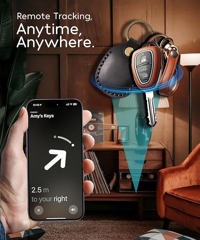 Genuine Leather AirTag Keychain Compatible with Apple AirTag Holder Key Ring. Anti Lost Anti Scratch Secure Key Chain Case for Pet Collar Luggage Travel. Full Cover Protective Air Tag Keyring (Black)
