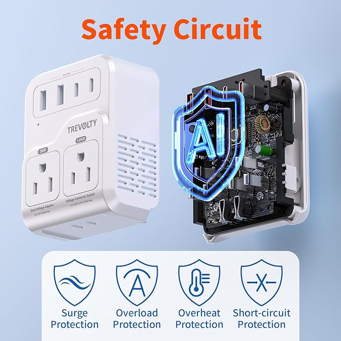 2000W Voltage Converter, 220V to 110V Converter for Hair Dryers PC Phone Kettle, Universal Travel Plug Adapter for 230+ Countries, 7 in 1, 3 AC/2 USB/2 Type-C Ports