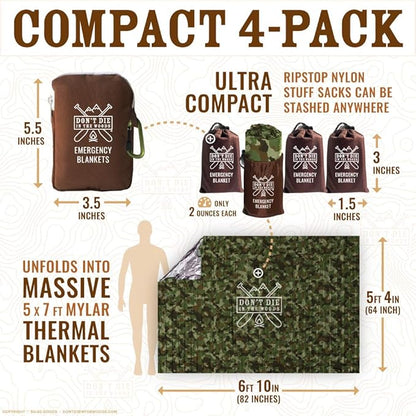Don't Die In The Woods - Freakin’ Huge Emergency Blankets [4-Pack] Extra Large Thermal Mylar Space Blanket - One of The Ten Essentials Outdoor Survival Gear for Hiking Camping First Aid Kit (Camo)