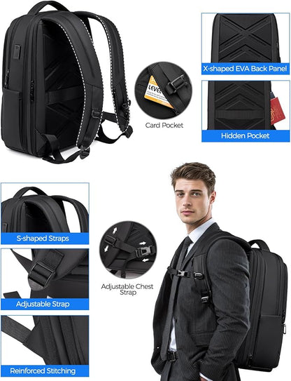 Expandable Travel Laptop Backpack, 15.6 Inch Computer Backpack with USB Charging Port, Water Resistant Black Mens Laptop Bag