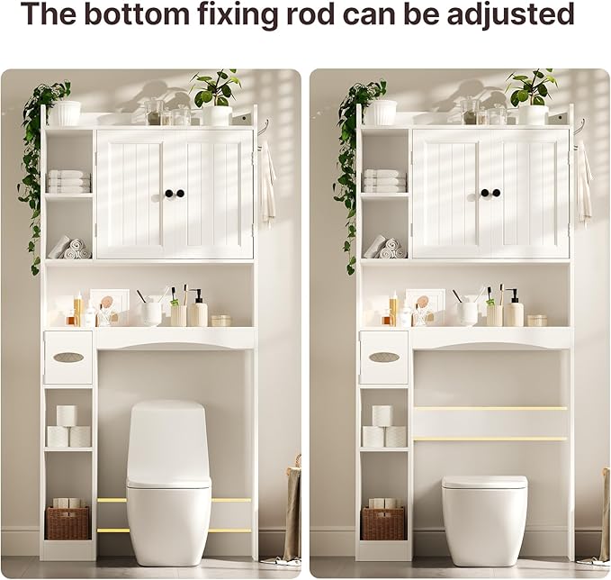 Gizoon Over The Toilet Storage Cabinet, 66''H Over Toilet Bathroom Organizer, Over Toilet Storage Cabinet with 2 Doors, Paper Holder and Racks, Adjustable Shelf, for Bathroom, Laundry, White