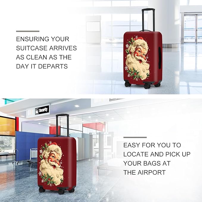 Retro Santa Luggage Cover - Vintage Saint Nicholas with Holly and Snowflakes, Traditional Christmas Suitcase Protector 24 26 Inch