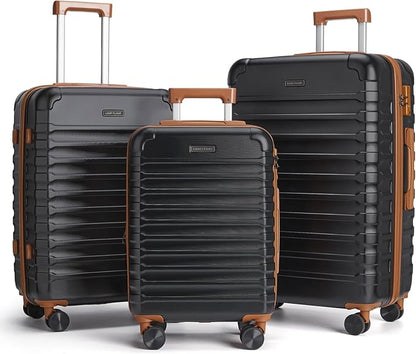 LIGHT FLIGHT Luggage Sets, 3 Piece Durable Suitcase Set with Spinner Wheels, 3 Pcs Hardside Lightweight luggage with TSA Lock, Large Checked Travel Suitcases, 20/24/28 Inch,Black/Brown