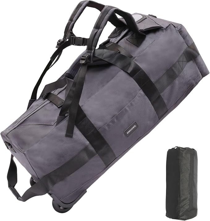 80L Rolling Duffle Bag with Wheels - Heavy-Duty 33.5" Foldable Duffel, Water-Resistant Wheeled Luggage with Shoulder Straps for Camping, Gym, Airplane (Grey)