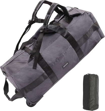 80L Rolling Duffle Bag with Wheels - Heavy-Duty 33.5" Foldable Duffel, Water-Resistant Wheeled Luggage with Shoulder Straps for Camping, Gym, Airplane (Grey)