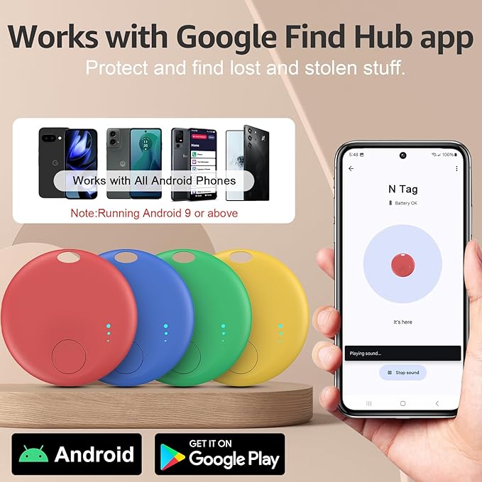 Smart Tags-4 Pack for Android Tracker Tags, Bluetooth Tracker, Work with Google's Find Hub App, Item Finder for Keys, Item Locator for Wallet, Suitcases, Pets (Multicolored)