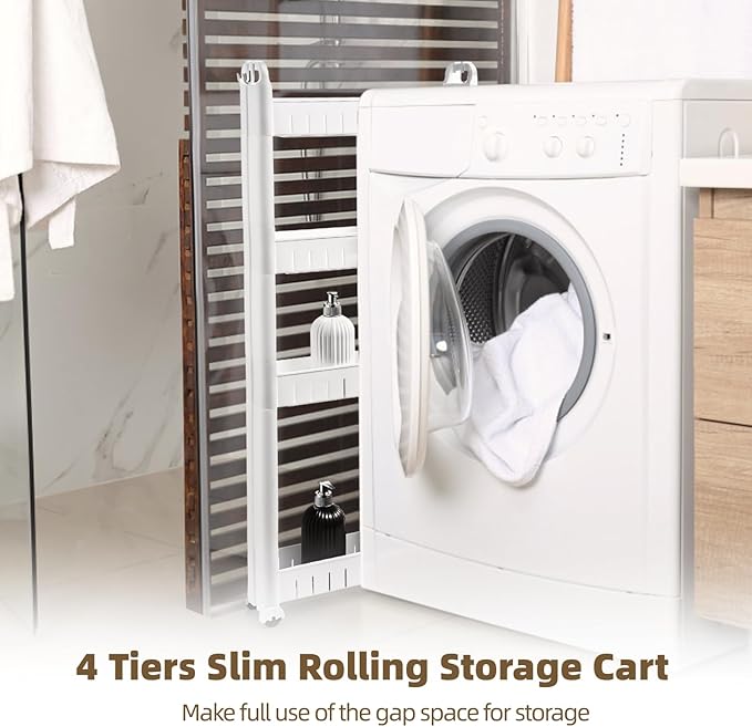 4 Tiers Slim Rolling Storage Cart, 3.5 in Slim Slide Out Bathroom Organizer Cart, Tiered Storage Rack with Wheels, Narrow Mobile Utility Cart for Laundry Room, Kitchen, Office, Sturdy Room