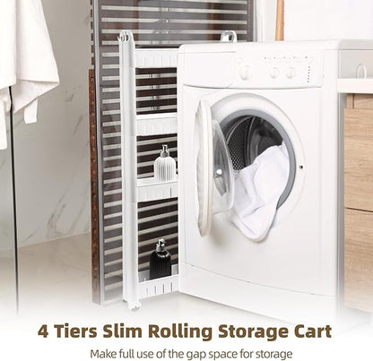 4 Tiers Slim Rolling Storage Cart, 3.5 in Slim Slide Out Bathroom Organizer Cart, Tiered Storage Rack with Wheels, Narrow Mobile Utility Cart for Laundry Room, Kitchen, Office, Sturdy Room
