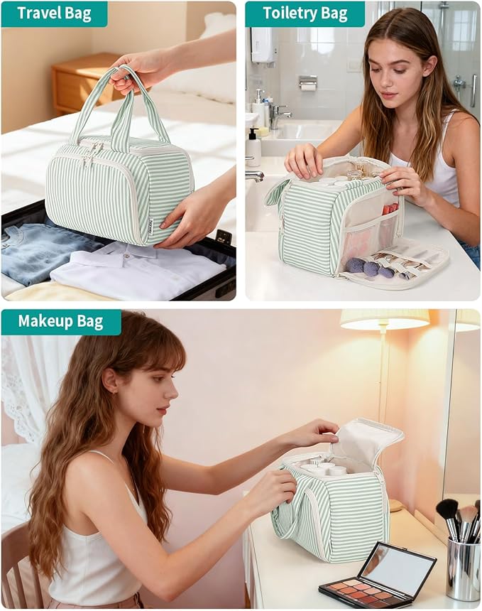 Narwey Large Travel Toiletry Bag, Wide-open Travel Bag for Toiletries, Toiletry Bags for Traveling Women, Cosmetic Make Up Makeup Bag Organizer with Wet Pocket, Shower Skincare Bag (Mint Green Stripe)