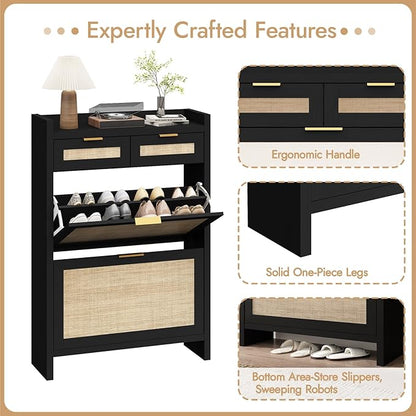 Rattan Shoe Storage Cabinet with 2 Drawers & 2 Flip Drawers – Hidden Slim Shoe Organizer for Entryway, Large Tabletop Space, Farmhouse Boho Narrow Shoe Rack, Rustic Black