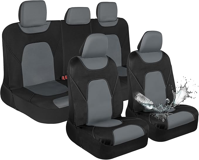 Motor Trend Waterproof Car Seat Covers Full Set – Black & Gray Seat Covers for Car Front & 60/40 Split Back Bench - Carseat Cover for Trucks, SUV - Universal Fit for Most Regular Size Vehicles
