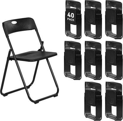 40 Pack Black Plastic Folding Chairs, Indoor Outdoor Portable Stackable Commercial Seats with Steel Frame for Home Office Wedding Party Events Kitchen Dining, 350lb Capacity