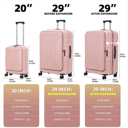 2 Pieces 20/29 Luggage Sets, 20 Inch Cabin Luggage with Front Pocket & 29 Inch Side Opening Suitcase, Ligthweight ABS+PC Hardshell, Pink
