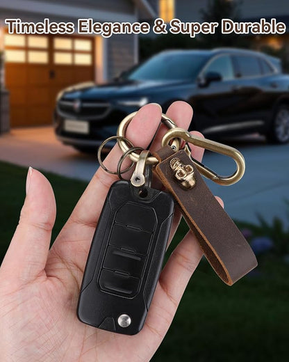 Teskyer Genuine Leather Keychain with Carabiner Clip and Key Ring, Vintage Key Chain Holder for Home/Car Keys