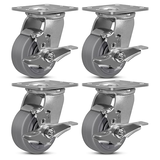 4"x2" Rubber Wheels (Flat Tread)- Heavy Duty Casters, Industrial Caster Wheels- Set of 4 with up to 2800 LB Capacity- Use for Dollies, Workbench(4 Brake)